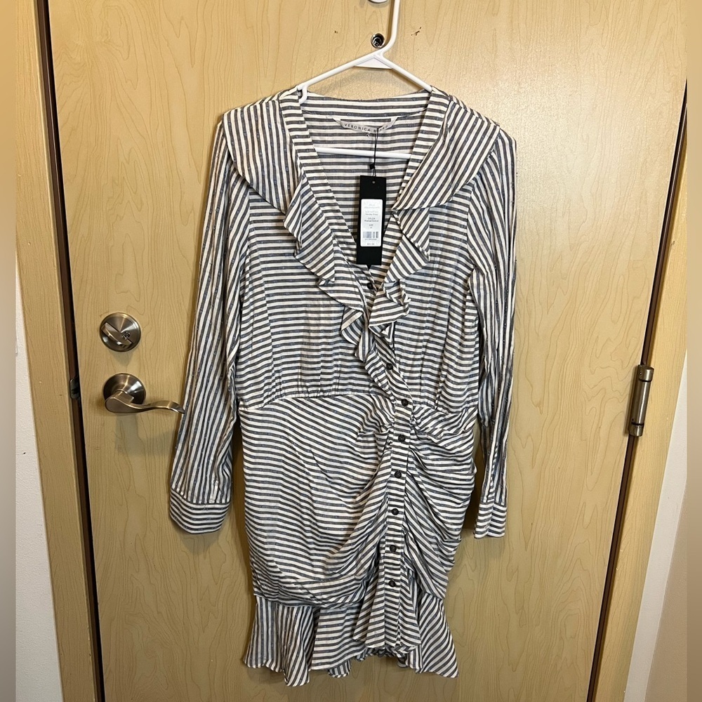 NWT Veronica Beard Kai Striped Blue & White Ruffle Dress